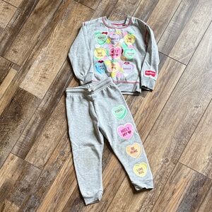 Kids Gray Sweatshirt & Jogger Set with Pastel Heart Prints